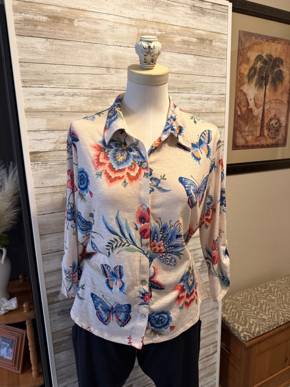 Spring butterfly flower print Alfred Dunner adjustable sleeve size petite large